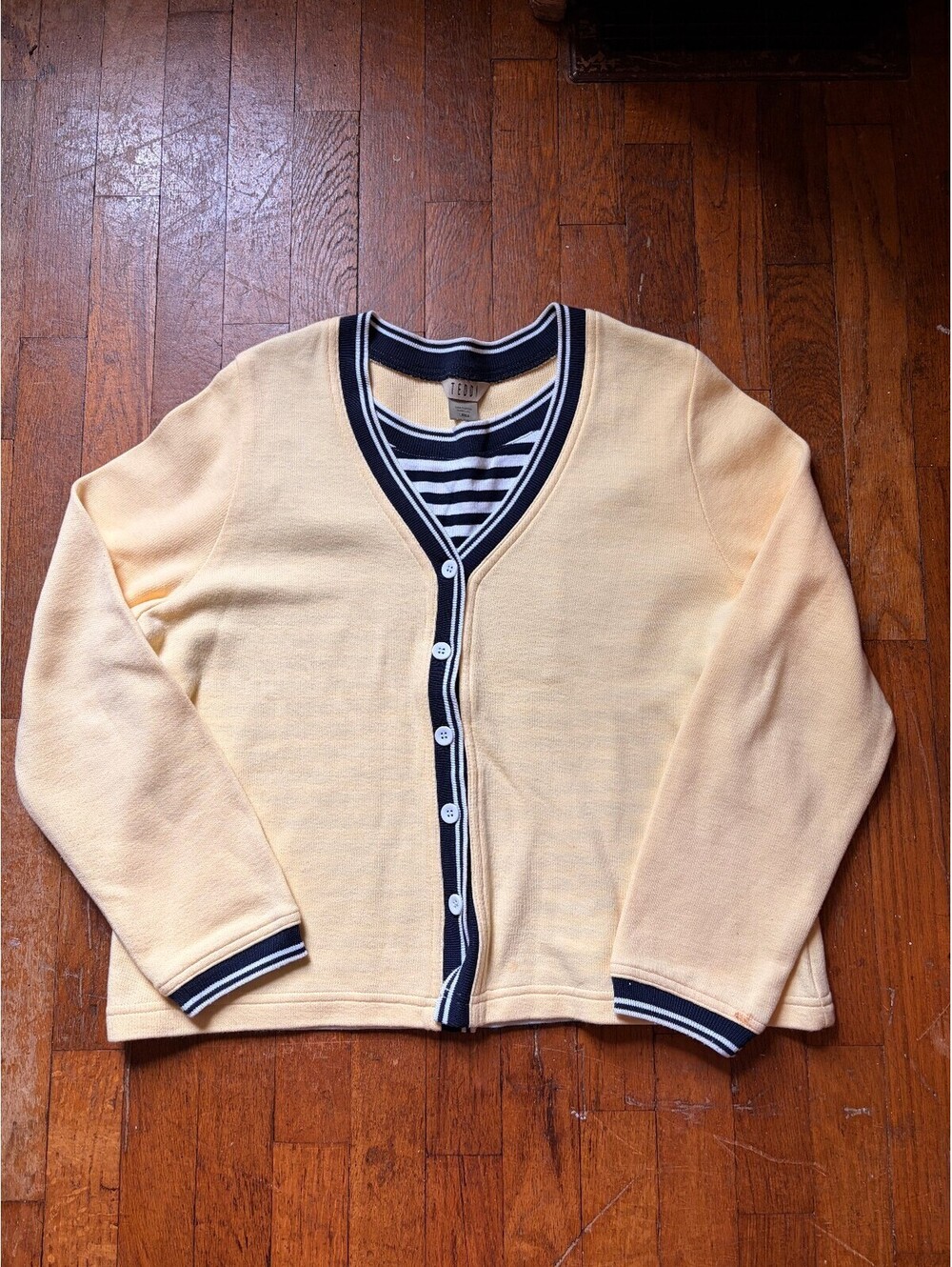 Vintage Teddi Yellow and Navy Striped Collegiate Double Layer Cardian Women's L